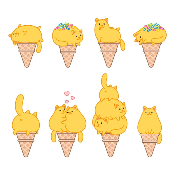 一套猫的冰淇淋 冰淇淋的例子看起来像一只坐在华夫饼蛋筒里的有趣的黄色猫 孤立的物体 第8病媒Eps — 图库矢量图片