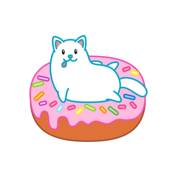 Lindo Gato Donut Ilustración Gatito Blanco Lavando Sentado Una Rosquilla — Vector de stock