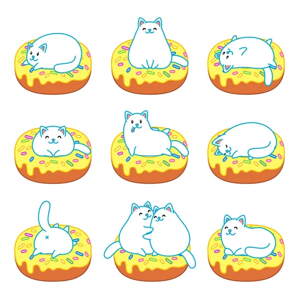 Conjunto Gatos Donas Ilustración Graciosos Gatos Blancos Sobre Rosquillas Amarillas — Archivo Imágenes Vectoriales