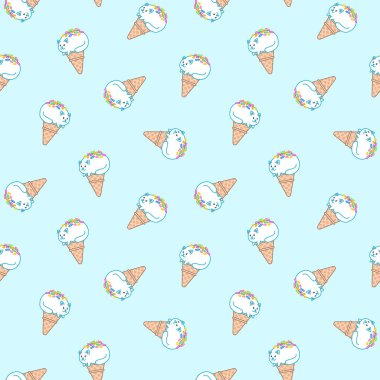 Hoş bir arka plan. Dondurmaların kusursuz deseni mavi arka planda waffle külahında yatan beyaz kediye benziyor. Vektör 8 EPS.