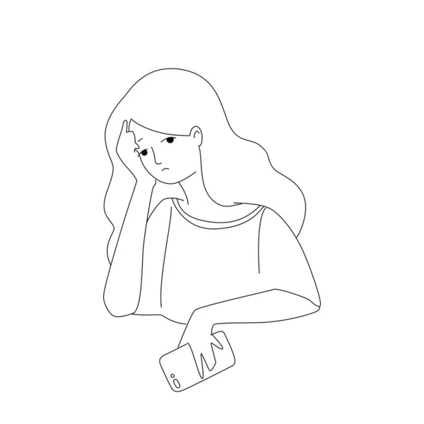 Una Chica Molesta Con Teléfono Ilustración Una Chica Triste Sosteniendo — Vector de stock