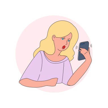 Telefonu olan kızgın bir kız. Telefonda sinirli sinirli bağıran bir kızın görüntüsü. Vektör 8 EPS.