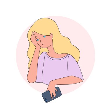 Telefonu olan üzgün bir kız. Elinde cep telefonu tutan üzgün bir kızın tasviri. Vektör 8 EPS.