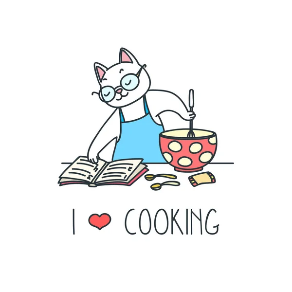 Adoro Cozinhar Doodle Ilustração Gato Branco Lendo Livro Receitas Uma — Vetor de Stock