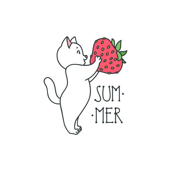 Été Jolie Illustration Chat Heureux Tenant Une Grosse Fraise Vecteur — Image vectorielle