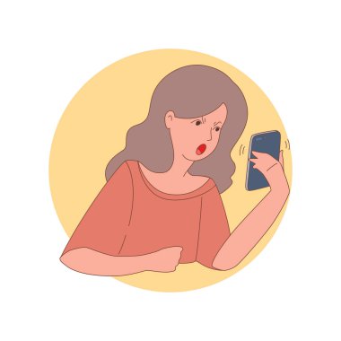 Telefonu olan kızgın bir kız. Telefonda sinirli sinirli bağıran bir kızın görüntüsü. Vektör 8 EPS.