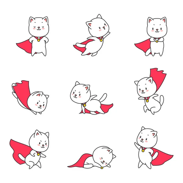 一组超级猫 描述穿着超级英雄服装的可爱的白猫 第8病媒Eps — 图库矢量图片