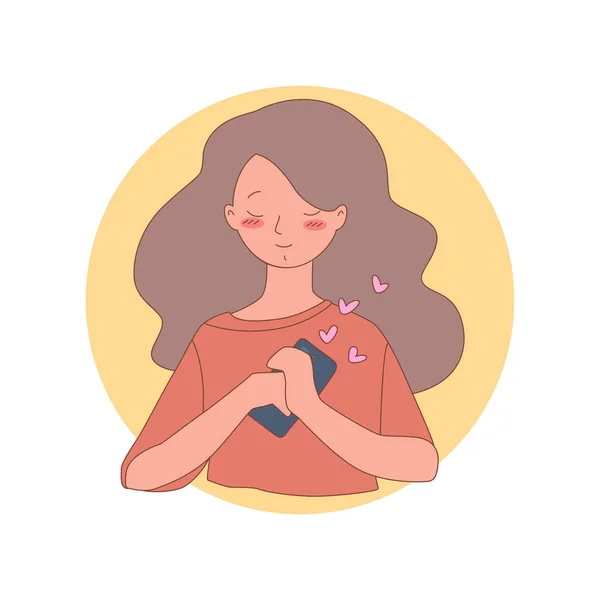Menina Feliz Com Telefone Ilustração Uma Jovem Amor Segurando Smartphone —  Vetores de Stock