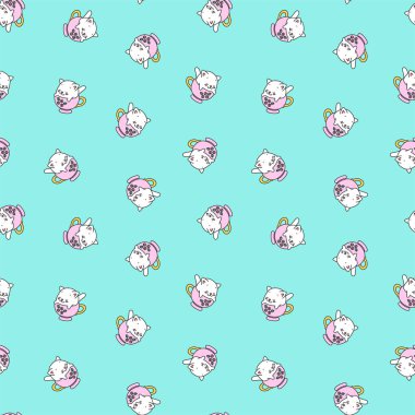 Şirin kedi deseni. Nane arkaplanında güllerle süslenmiş pembe çay fincanlarında oturan sevimli beyaz kedi yavrularının tasviri. Vektör 8 EPS.