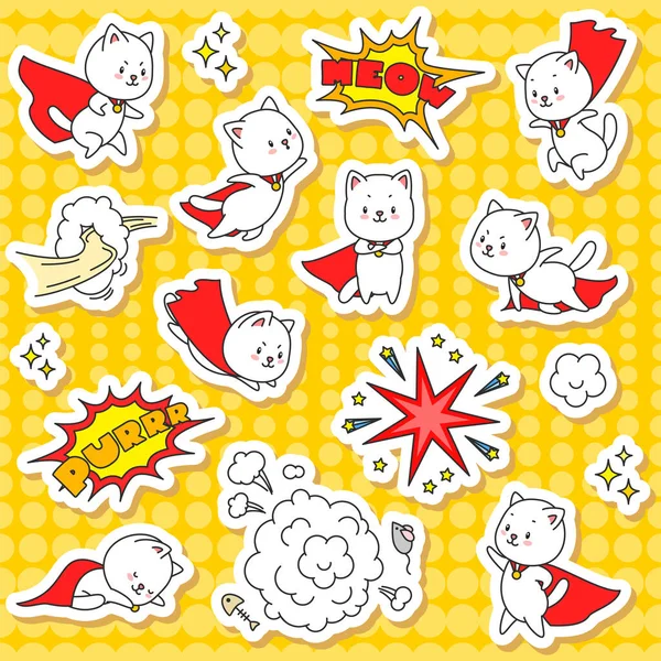 Set Super Cat Stickers Illustration Cute White Cats Super Hero — Stock Vector