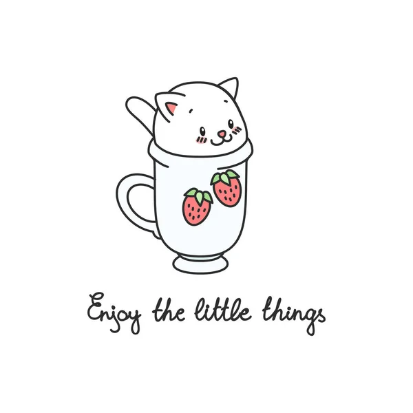 Disfruta Las Pequeñas Cosas Kawaii Ilustración Gato Blanco Sentado Taza — Vector de stock