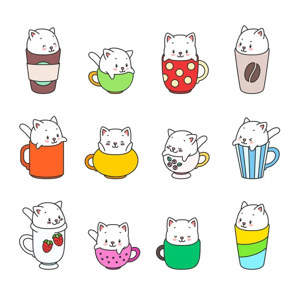 Kawaii Setje Kittens Illustratie Van Een Schattige Witte Kittens Die — Stockvector