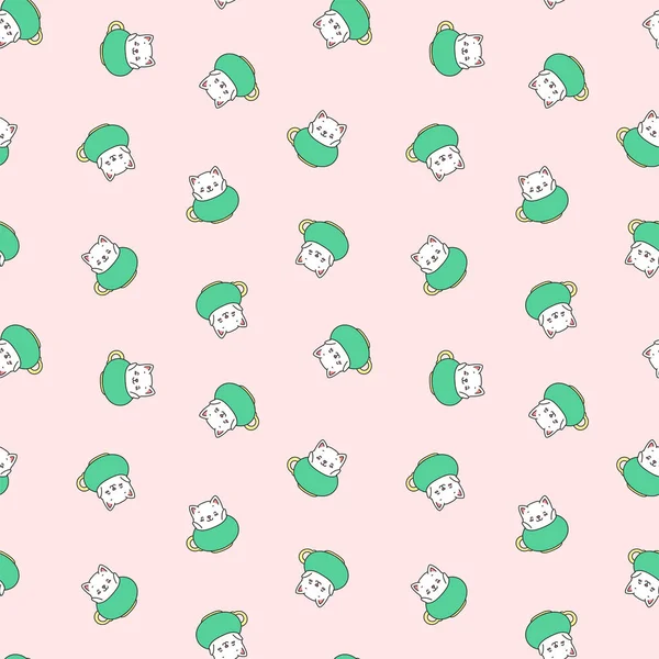Niedliches Kätzchenmuster Illustration Von Niedlichen Weißen Kätzchen Die Grünen Teetassen — Stockvektor