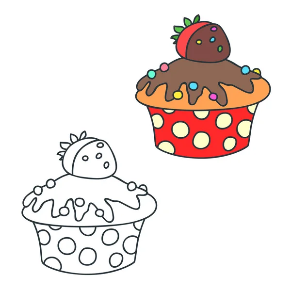 Cupcake Alla Fragola Illustrazioni Doodle Colorato Nero Bianco Cupcake Alla — Vettoriale Stock