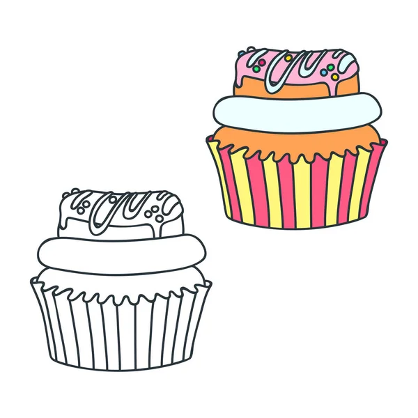 Cupcake Com Donut Doodle Ilustrações Colorido Preto Branco Cupcake Decorado —  Vetores de Stock