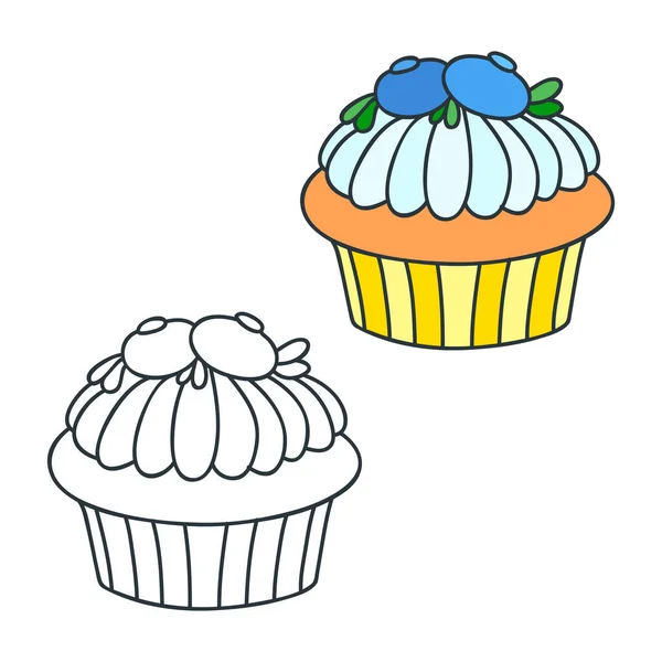Blaubeerkuchen Gekritzelte Illustrationen Farbig Und Schwarz Weiß Eines Blaubeer Cupcake — Stockvektor