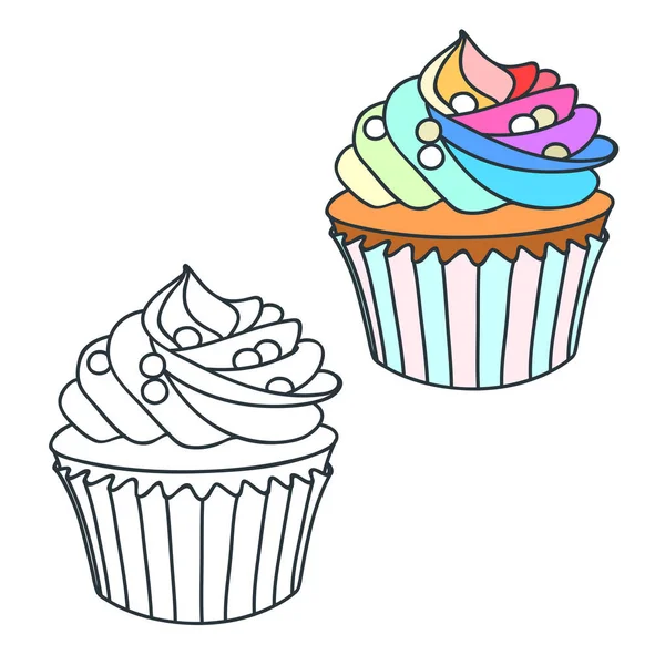 Cupcake Mit Regenbogencreme Gekritzelte Illustrationen Farbig Und Schwarz Weiß Einer — Stockvektor