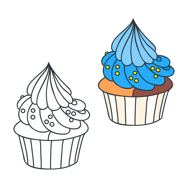 Bolo Creme Azul Doodle Ilustrações Colorido Preto Branco Cupcake Decorado — Vetor de Stock