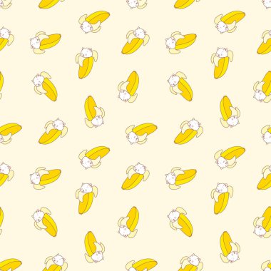 Muz deseni. Açık sarı arka planda muzlu şirin beyaz kedi yavruları tasviri. Vektör 8 EPS.