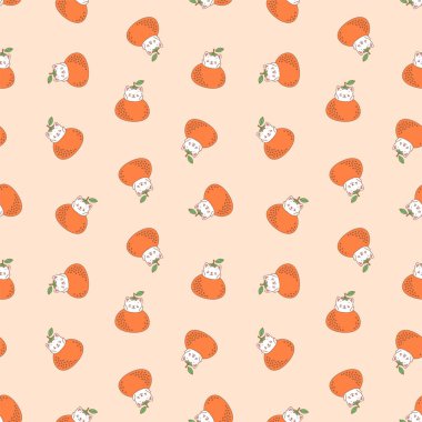 Mandalina deseni. Açık kahverengi arka planda mandalinalı şirin beyaz kedi yavrularının tasviri. Vektör 8 EPS.