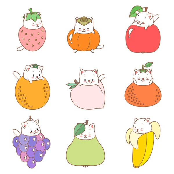 Kawaii Setje Kittens Illustratie Van Een Schattige Witte Kittens Met — Stockvector