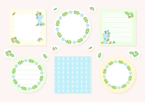 儿童笔记本页面模板 可爱的备忘录垫装饰着小兔子和花卉元素 可用于剪贴簿 子弹日志 礼品标签 卡片和邀请函 矢量10 Esp — 图库矢量图片