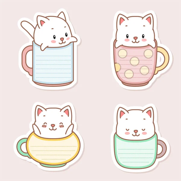 Modelos Página Caderno Kawaii Memo Almofadas Forma Gatinhos Sentados Canecas — Vetor de Stock