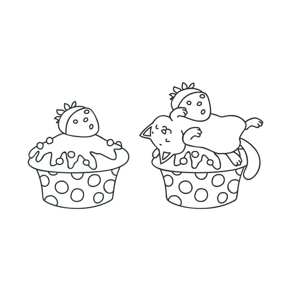Κέικ Και Γατάκι Χαριτωμένη Απεικόνιση Ενός Κεκάκι Φράουλα Και Ένα — Διανυσματικό Αρχείο