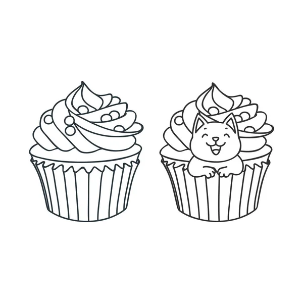 カップケーキと子猫 クリーム色のカップケーキとカップケーキに座っている小さな白い子猫のかわいいイラスト 白に隔離された物体 ベクトル8 Eps — ストックベクタ