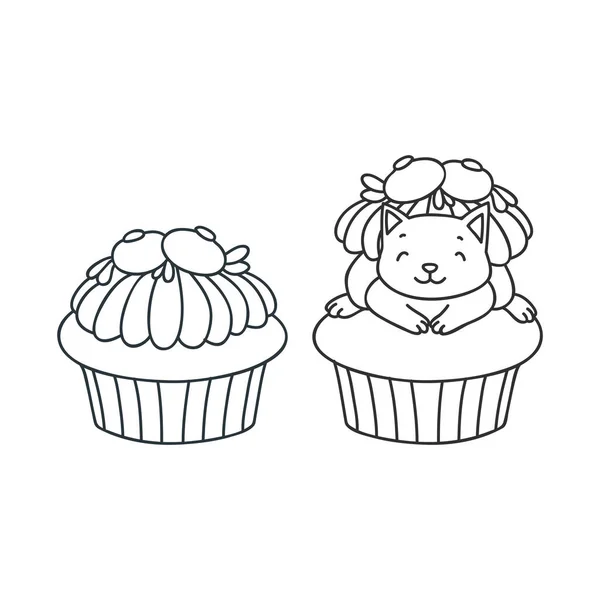 Cupcake Och Kattunge Söt Illustration Blåbär Cupcake Och Liten Vit — Stock vektor