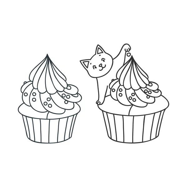 カップケーキと子猫 クリームで装飾されたカップケーキとカップケーキで遊ぶ小さな白い子猫のかわいいイラスト 白に隔離された物体 ベクトル8 Eps — ストックベクタ