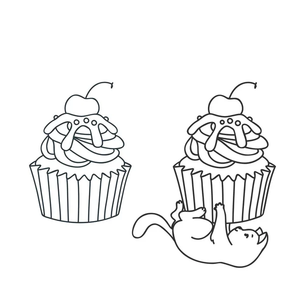 Cupcake Och Kattunge Söt Illustration Körsbärsmuffins Och Liten Vit Kattunge — Stock vektor