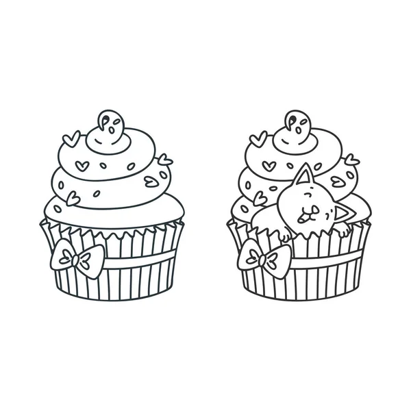 Κέικ Και Γατάκι Χαριτωμένη Απεικόνιση Ενός Κρεμώδους Cupcake Και Ένα — Διανυσματικό Αρχείο