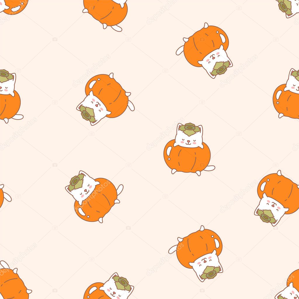 Persimmon pattern. Illustration of cute white kittens with persimmons on a light brown background. Vector 8 EPS.