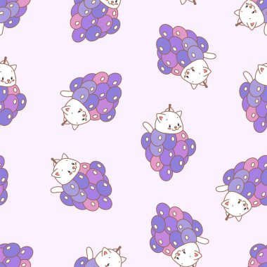Üzüm deseni. Açık mor arka planda üzümlü şirin beyaz kedi yavruları tasviri. Vektör 8 EPS.