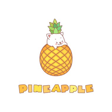 Ananas. Kawaii illüstrasyonunda ananasın içinde oturan küçük beyaz bir kedi yavrusu. Vektör 8 EPS.