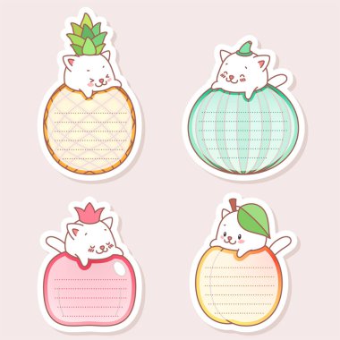 Kawaii not defteri sayfa şablonları. Küçük kedi yavrularıyla meyve şeklinde not defterleri. Koleksiyon defteri, mermi günlükleri, hediye etiketleri, kartlar ve davetiyeler için kullanılabilir. Vektör 10 ESP.