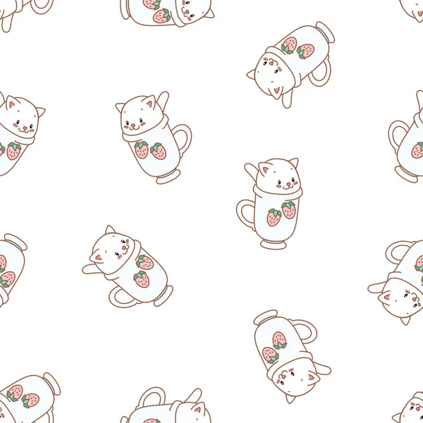 Niedliches Kätzchenmuster Illustration Von Niedlichen Weißen Kätzchen Die Teetassen Sitzen — Stockvektor
