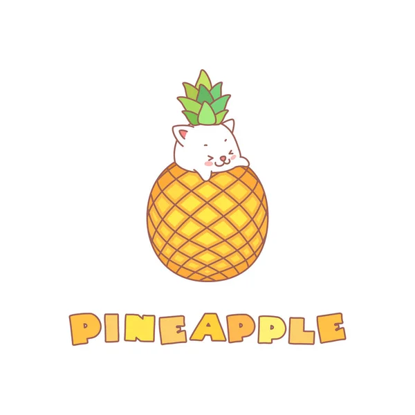 Ananas Illustration Kawaii Petit Chaton Blanc Assis Dans Ananas Vecteur — Image vectorielle