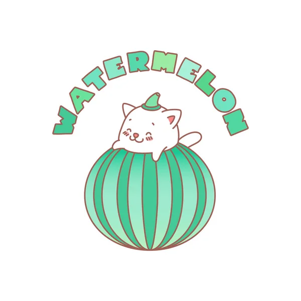 Vattenmelon Kawaii Illustration Liten Vit Kattunge Sitter Vattenmelon Vektor Eps — Stock vektor