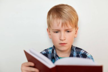Eğitim ve okul kavramı. Sarı saçlı ve ekose desenli gömlek beyaz bitti izole ders hazırlama bir kitap giymiş attrractive mavi gözlü sevimli öğrenci portresi