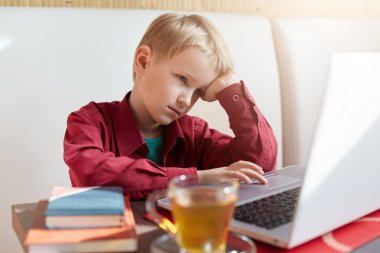 Onun dersleri yaparken çay içme onun bilgisayar ekranına sıkılmış arıyorum kırmızı gömlek giymiş sarışın saçlı bir düşünceli liitle çocuk. Çocukluk, teknoloji ve yaşam tarzı kavramı.