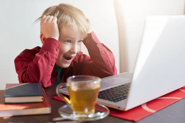 A surprised liitle boy with light hair dressed in red shirt sitting at the table and watching cartoons or video blogs online on his laptop and drinking hot tea enjoying leisure time — Stock Photo, Image