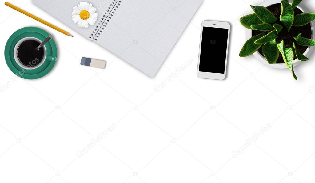 Desktop of artist with notebook with blank pages, pencil, rubber, smart phone, cup of coffee and flowerpot. Workspace of creative person. Stationary and modern cell phone isolated on white background