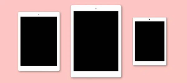 Three modern tablet computers on pink background. Modern gadgets on flat layout. Electonic devices with blank copy screens for your advertisment, present application — Stock Photo, Image