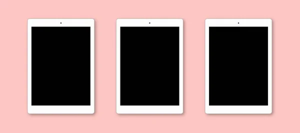 Top view of modern tablet computers with blank screens, isolated on pink background. Flat lay. Realistic gadgets to present your application design. Up to date device — Stock Photo, Image