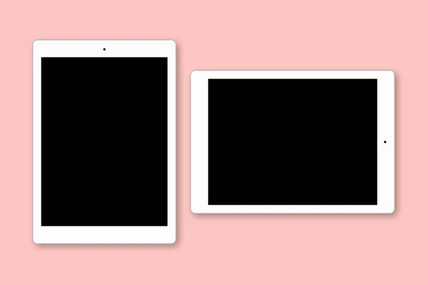 Modern technolgy concept. Two gadgets with black copy screens isolated over pink background. Electronic devices on flat layout. Isolated shot of tablet computers — Stock Photo, Image