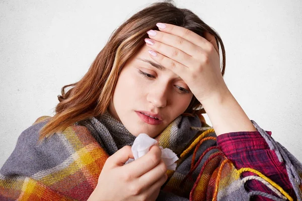 Wanita alergi sakit kepala karena hidung tersumbat, terus tangan di dahi, memiliki suhu tinggi, merasa tidak enak. Tidak senang betina menangkap dingin, mencoba untuk hangat di bawah kotak-kotak, rubes hidung dengan jaringan — Stok Foto