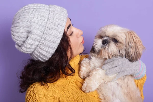 Mujer increíble con el pelo ondulado oscuro quiere besar a su perrito, chica atractiva abrazando a su cachorro aislado sobre fondo púrpura, guapa hembra usando suéter amarillo, guantes y gorra blanca . —  Fotos de Stock