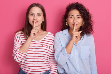 Arkadaşlar, pembe arka planda izole edilmiş sessizlik jestleri yapıyorlar. Dudakları dudaklarına yakın esmer kadınlar, günlük gömlekler giyiyorlar, doğrudan kameraya bakıyorlar, gizemi ifade ediyorlar, kimseye söylemiyorlar..